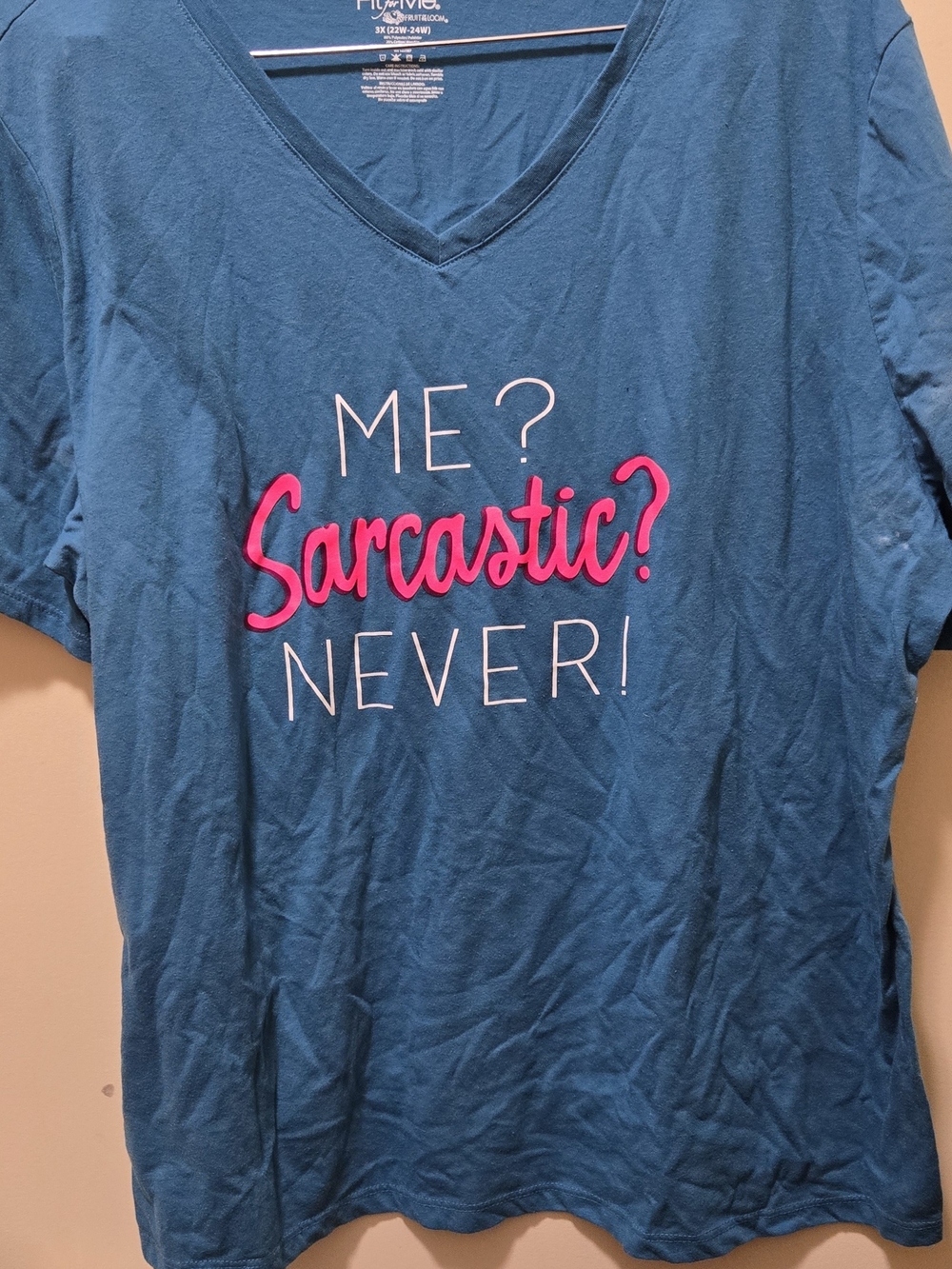 Fruit of the Loom Teal V-Neck Tee with Pink "Sarcastic? Never!" Graphic